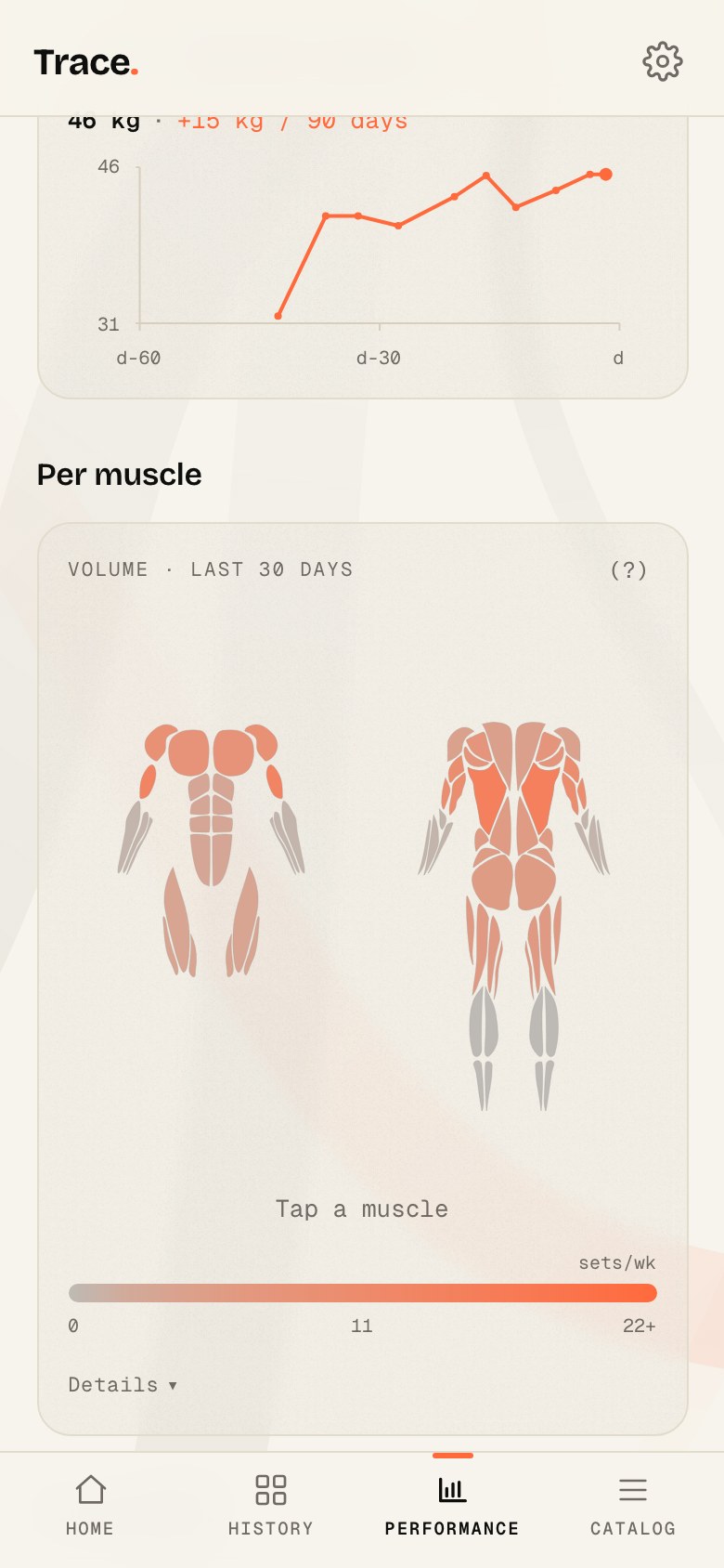 Trace's muscle map, front and back, shaded by how many sets each muscle has taken.