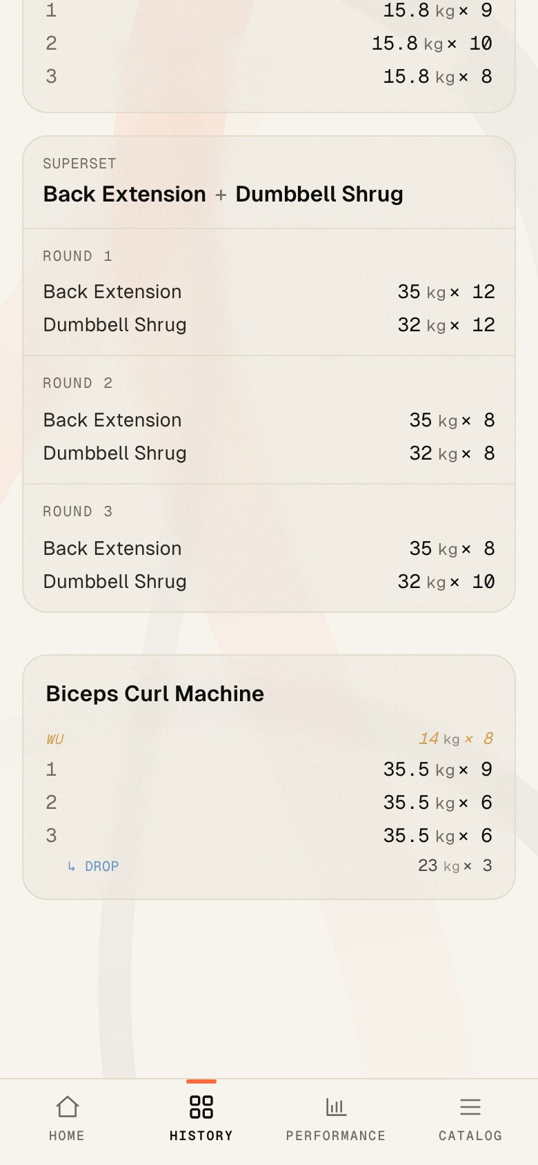 A logged session in Trace: a superset with three rounds, then an exercise with a warm-up row and a drop set row.